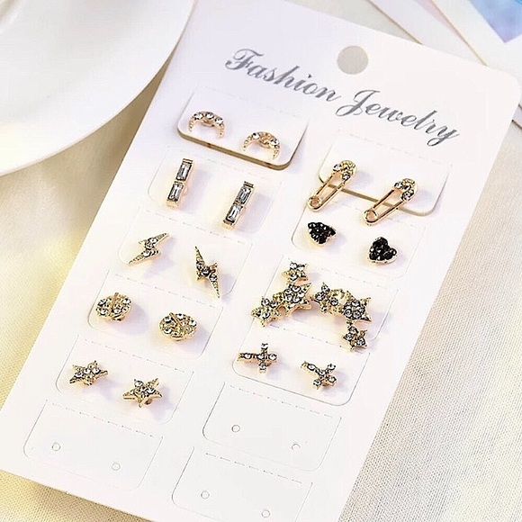 Crystal star safety pin earring set⚡️(9 pairs) - Picture 4 of 9